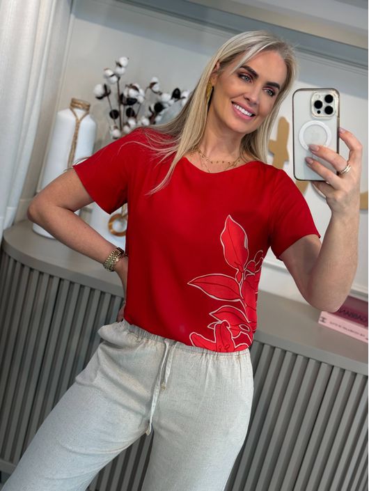 Blusa Manga Curta em Viscose com Máxi Flores - K76... - CS BY KATI