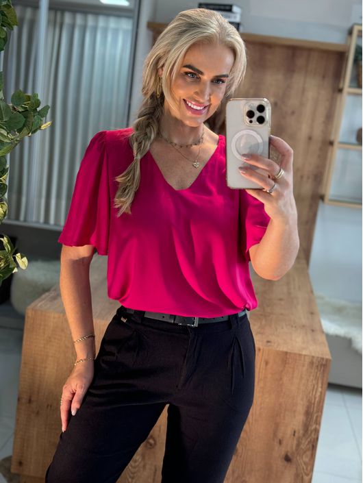 Blusa Manga Flare Ampla com Decote V Rosa - K7694 - CS BY KATI