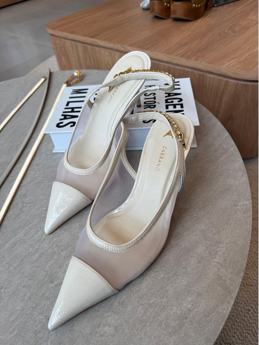 Scarpin Slingback Carrano Tela Charm Couro Verniz ... - CS BY KATI