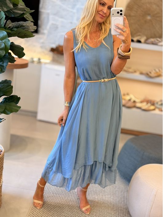 Vestido Regata MS Em Seda Fluído Midi Azul Jeans 1... - CS BY KATI