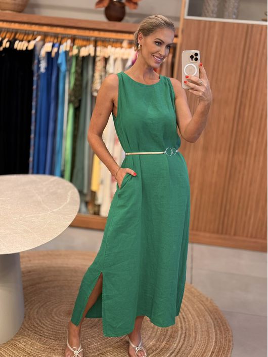 Vestido Regata Em Linho 100% Italiano Com Bolsos V... - CS BY KATI