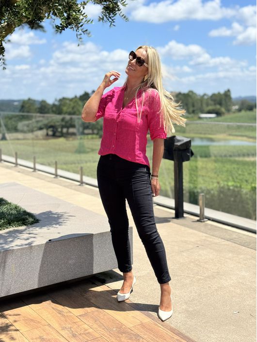 Camisa V Com Bolso Em Linho 100% Italiano Rosa Pin... - CS BY KATI