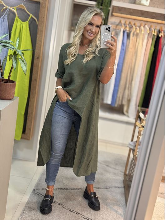 Blusa Alongada De Linho 100% Italiano Verde - K304... - CS BY KATI