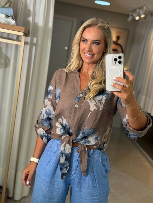 Camisa Nozinho Floreado Em Linho 100% Italiano Mar... - CS BY KATI
