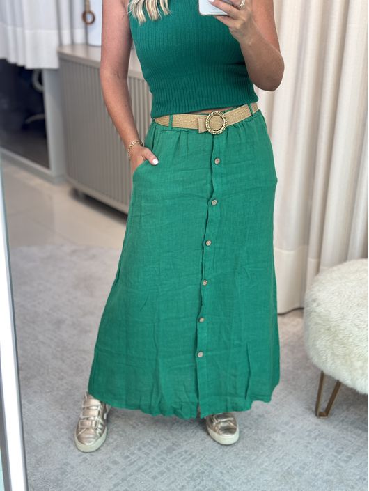 Saia Midi Com Botões Em Linho 100% Italiano Verde ... - CS BY KATI