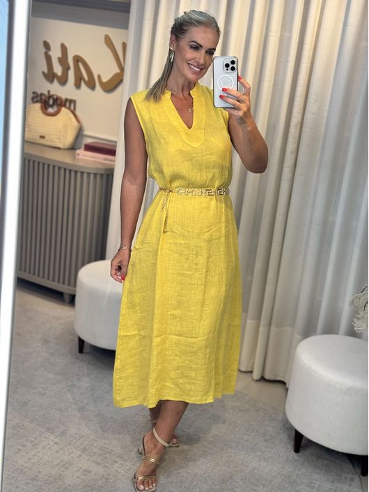 Vestido Decote V Em Linho 100% Italiano Amarelo - ... - CS BY KATI