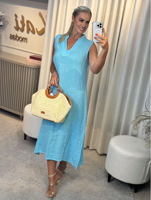 Vestido Decote V Em Linho 100% Italiano Azul - K30... - CS BY KATI