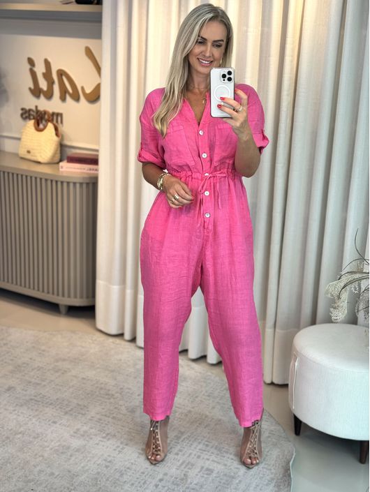 Macacão Longo Em Linho 100% Italiano Rosa Pink - K... - CS BY KATI