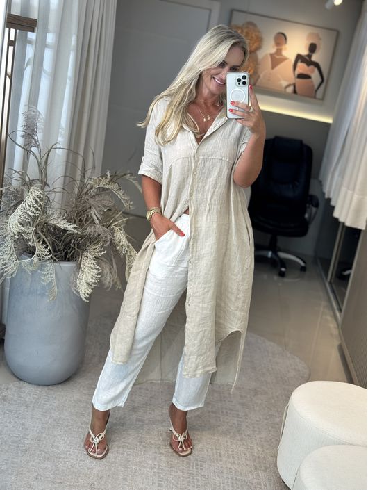 Chemise Longa Com Botões Em Linho 100% Italiano Cr... - CS BY KATI
