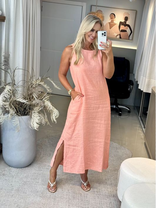 Vestido Midi Em Linho 100% Italiano Salmão - K2998... - CS BY KATI