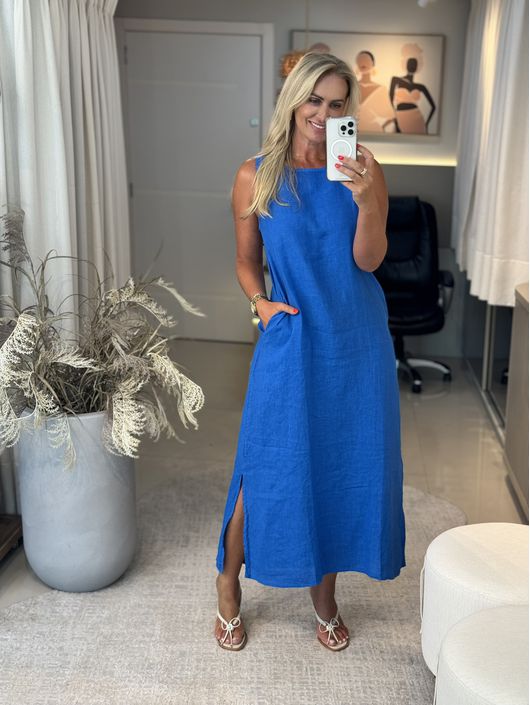 Vestido Midi Em Linho 100% Italiano Azul Bic - K2... - CS BY KATI