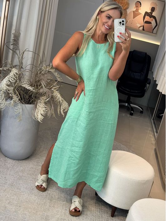 Vestido Midi Em Linho 100% Italiano Verde Água - ... - CS BY KATI