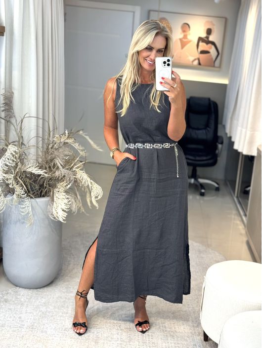 Vestido Midi Em Linho 100% Italiano Chumbo - K2998... - CS BY KATI