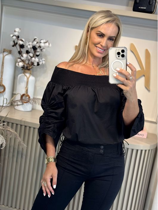 Blusa Morena Rosa Decote Reto Manga Bufante Com La... - CS BY KATI