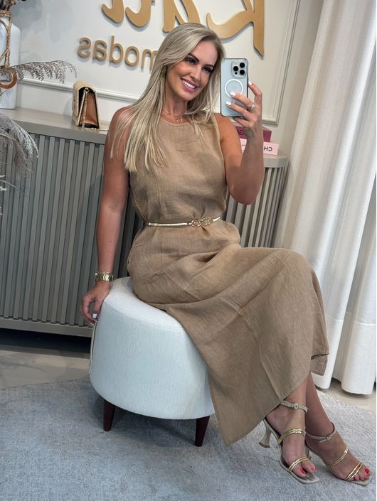 Vestido Midi Em Linho 100% Italiano Bege - K29984M - CS BY KATI