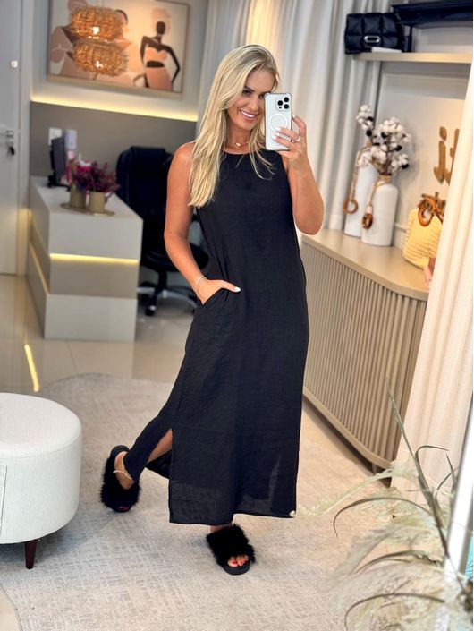Vestido Midi Em Linho 100% Italiano Preto - K29984... - CS BY KATI