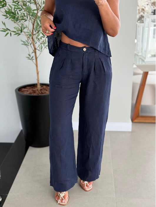 Calça De Linho 100% Italiano Cris Azul Marinho - ... - CS BY KATI