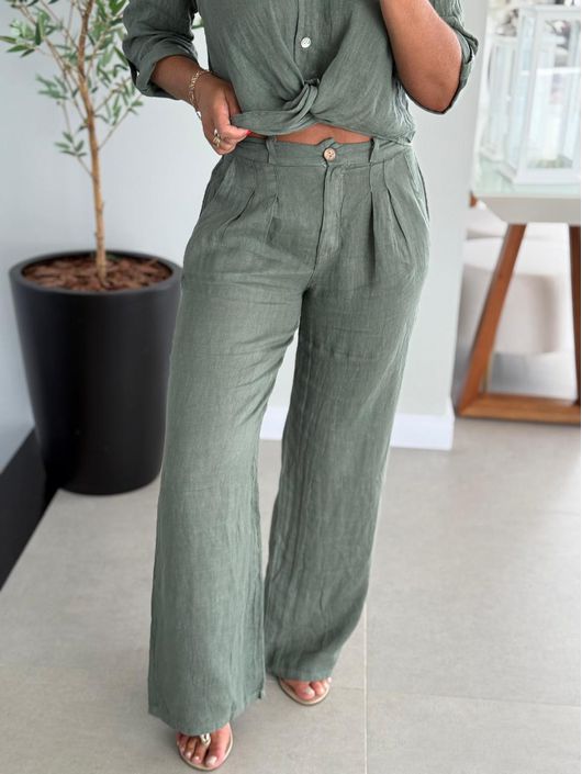 Calça De Linho 100% Italiano Cris Verde - K128651... - CS BY KATI