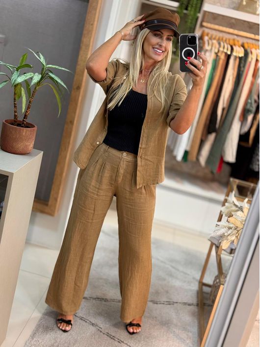 Camisa Lisa Em Linho 100% Italiano Caramelo - K309... - CS BY KATI