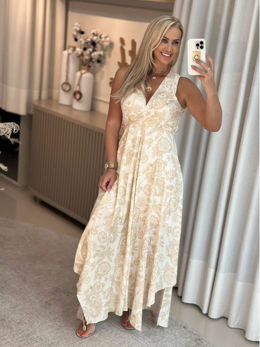 Vestido Midi Assimétrico Em Viscose Estampado Nacp... - CS BY KATI