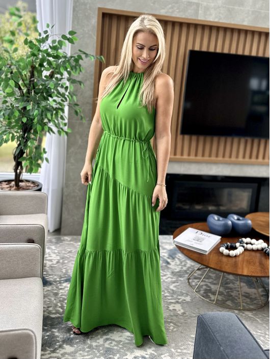 Vestido Longo Com Franzido E Amarração Decote Verd... - CS BY KATI