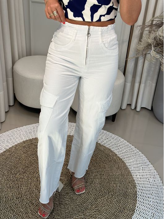 Calça Wide Leg Morena Rosa Com Cós Alto e Bolso So... - CS BY KATI