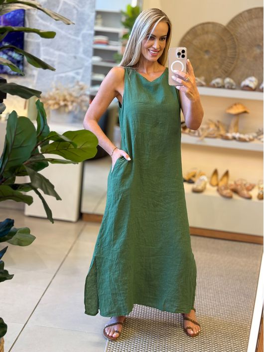 Vestido Midi Em Linho 100% Italiano Verde Militar ... - CS BY KATI