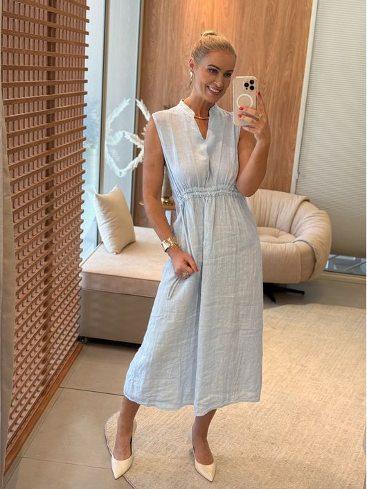 Vestido MS 100% Linho Italiano Com Amarração Na Ci... - CS BY KATI