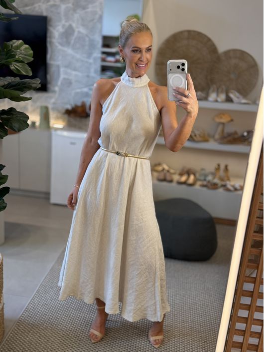 Vestido Cavado Em Linho 100% Italiano Longo Cecíli... - CS BY KATI