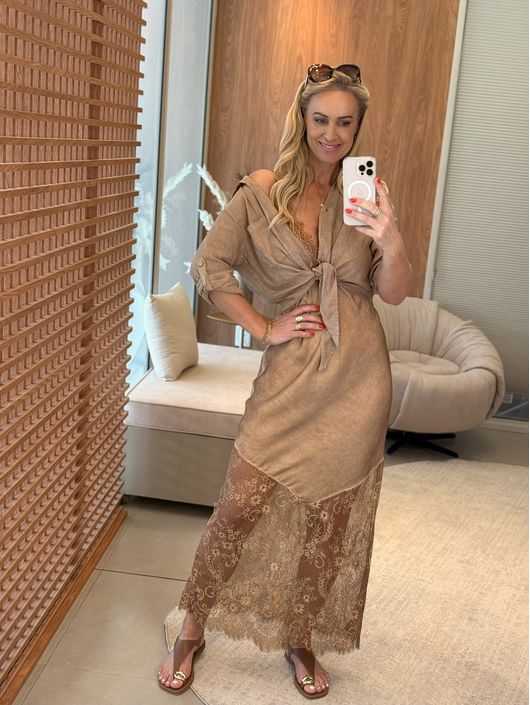 Vestido MS Slip Dress Com Alças Em Renda Caramelo ... - CS BY KATI