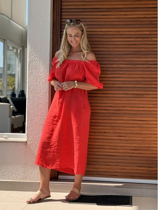 Vestido Manga Bufante Em Linho 100% Italiano Verme... - CS BY KATI