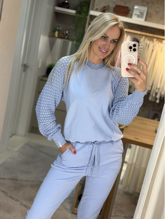 Blusa Biamar Com Mangas Em Ponto Pipoca Azul Claro... - KATI MODAS
