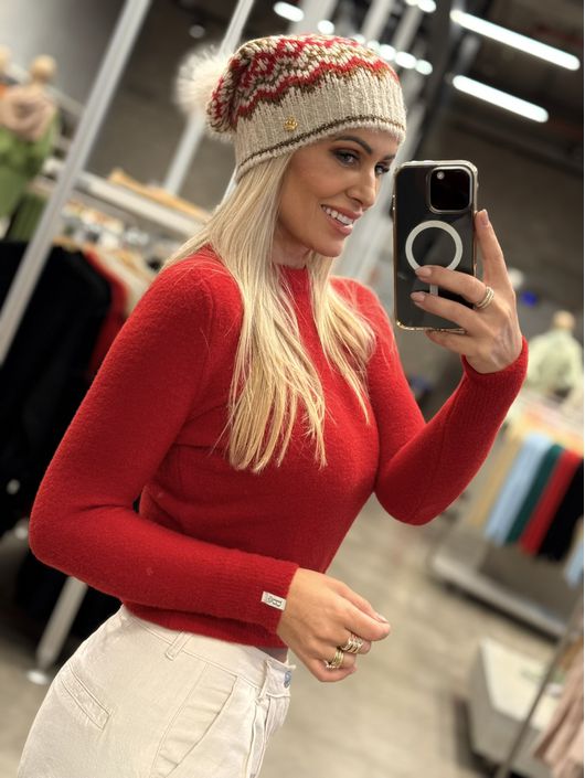 Touca Abenção Jacquard Bege e Vermelho 2705 - K117... - KATI MODAS
