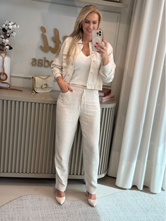 Calça Biamar Com Bolsos e Botões Bege 1607 - K120... - KATI MODAS