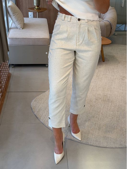 Calça Abenção De Linho Com Pregas Bege 0812 - K121... - KATI MODAS