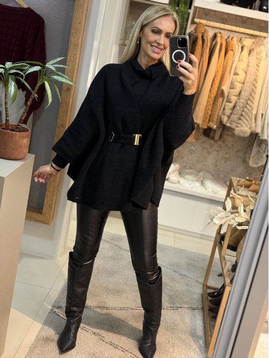 Capa Oversized Em Fio Pluma Com Cinto Preto 3005 -... - KATI MODAS