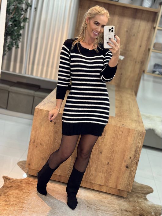 Vestido Biamar Curto Com Listras Preto - K11617B - KATI MODAS