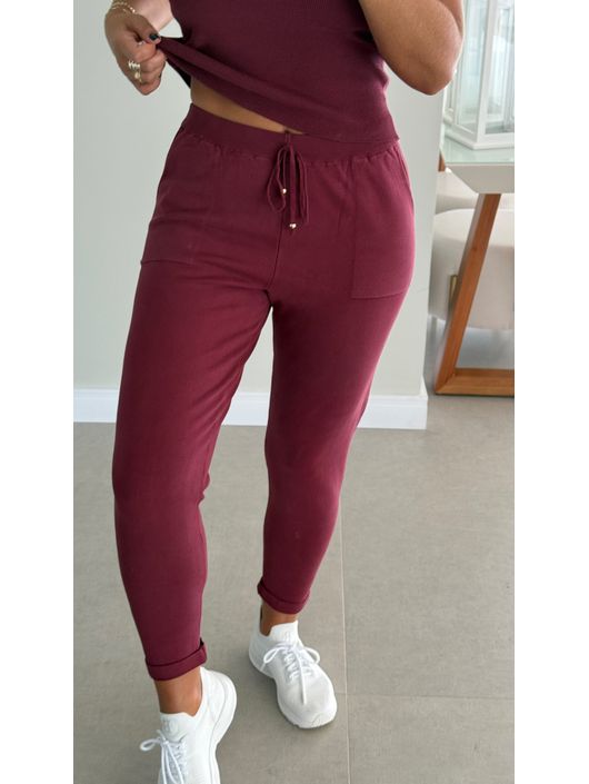 Calça De Tricô Com Barra Italiana Bordo - K015644A... - KATI MODAS