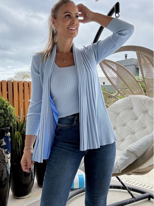 Cardigan Alongado Com Malha Canelada Azul - K0187... - KATI MODAS