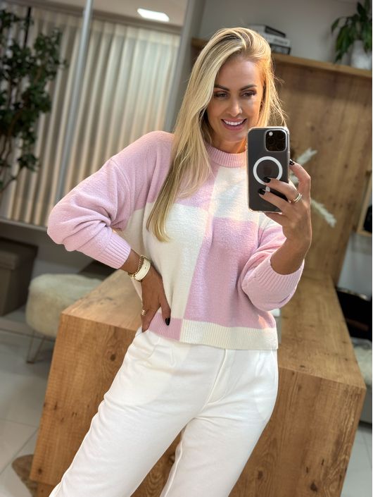 Blusa Abenção Em fio Pluma Quadriculado Rosa - K1... - KATI MODAS