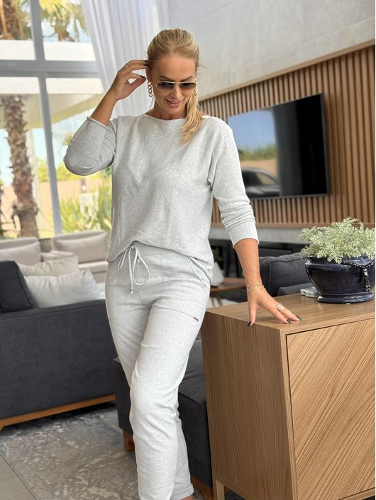 Calça De Tricô Com Barra Italiana Cinza Mescla - K... - KATI MODAS
