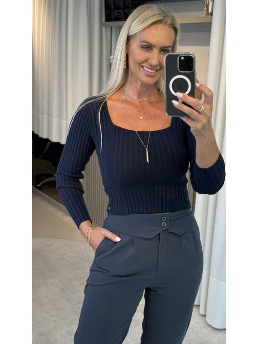 Blusa Canelada Com Decote Quadrado Azul Marinho -... - KATI MODAS