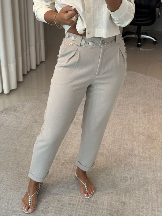 Calça Biamar De Linho Com Pregas Cinza - K11575B - KATI MODAS