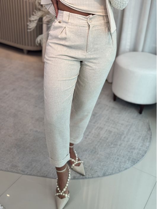 Calça Biamar De Linho Com Pregas Bege - K11575B - KATI MODAS