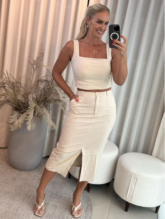 Saia Biamar Midi Em Sarja Bege 1301 - K11572B - KATI MODAS