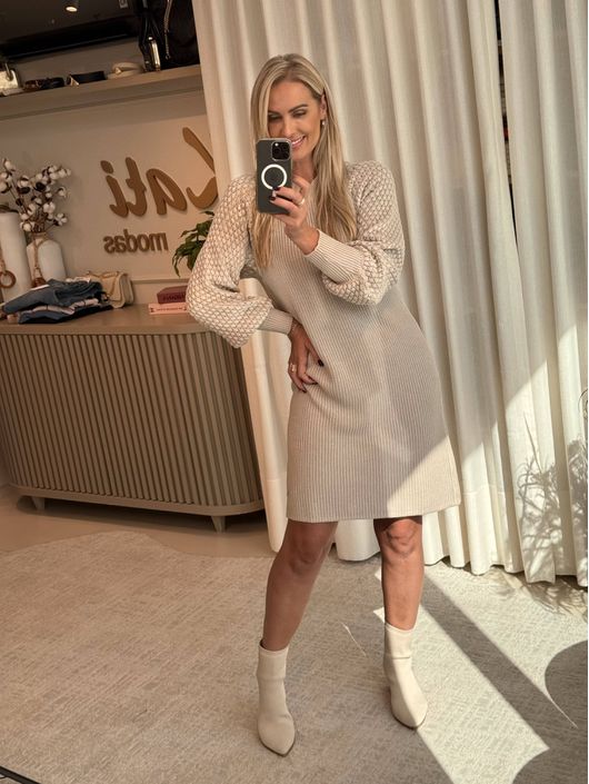 Vestido Midi Biamar Com Manga Ponto Pipoca Bege - ... - KATI MODAS