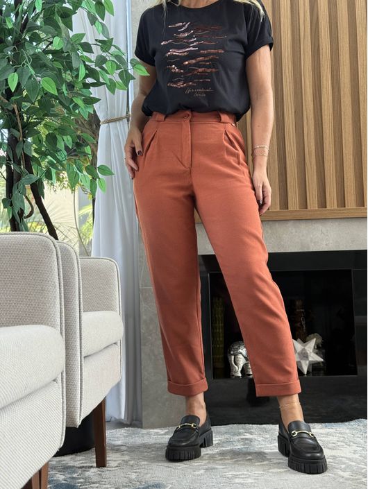 Calça Biamar De Linho Com Pregas Telha - K11575B - KATI MODAS