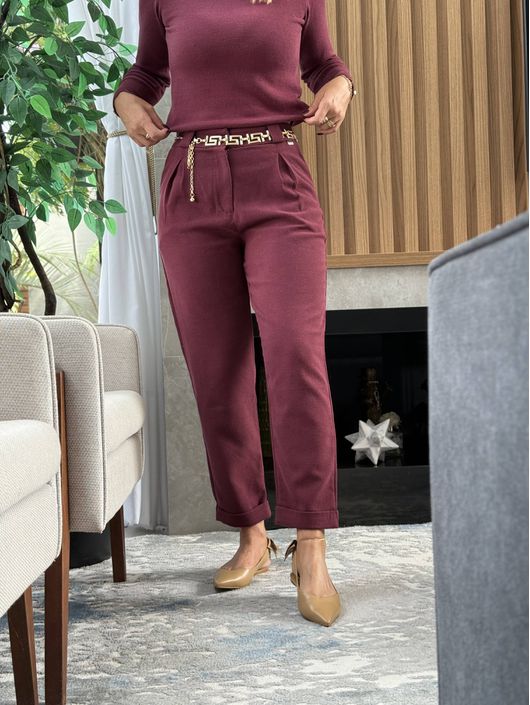 Calça Biamar De Linho Com Pregas Bordo - K11575B - KATI MODAS