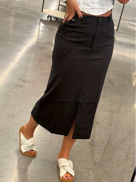 Saia Biamar Midi Em Sarja Preto - K11572B - KATI MODAS
