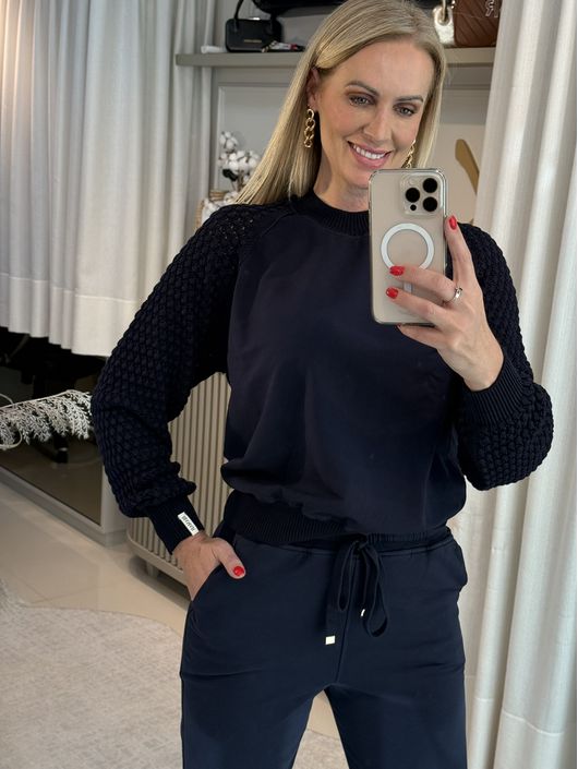 Blusa Biamar Com Mangas Em Ponto Pipoca Marinho 16... - KATI MODAS